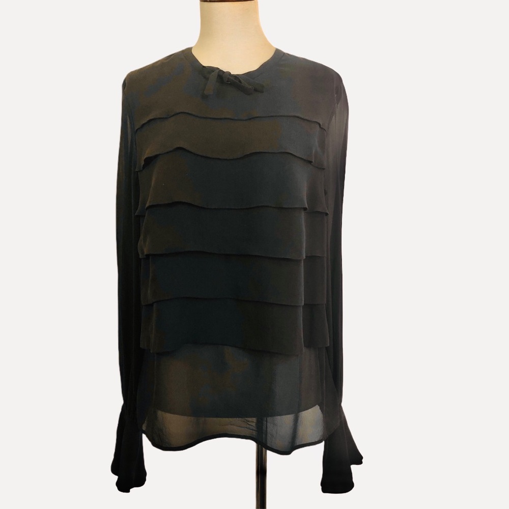 Rena Lange Sheer Brown Tiered Blouse Balloon Sleeve Medium